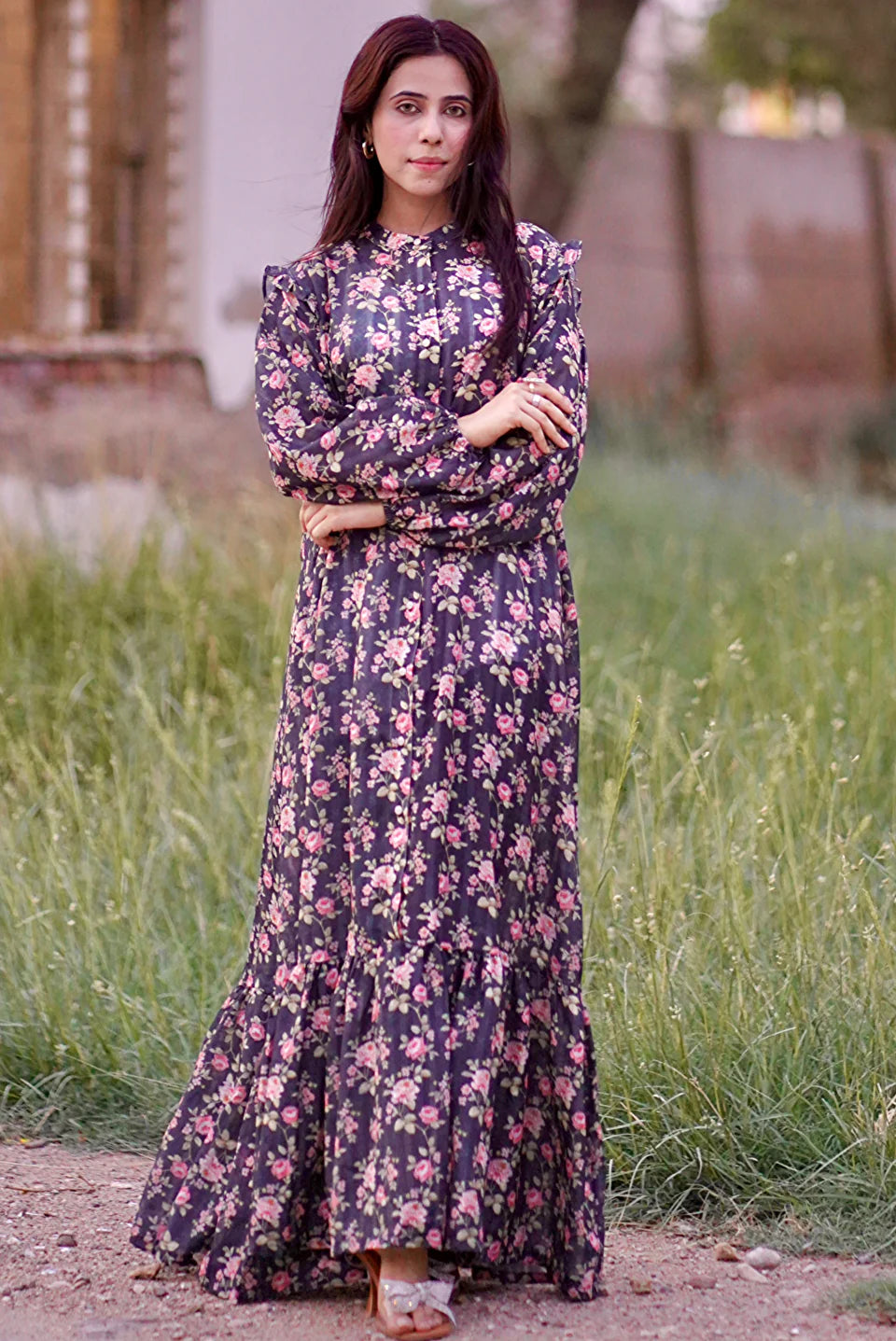 Cotton Long Frock Models ASHLYN BLACK FLORAL COTTON LONG DRESS –
