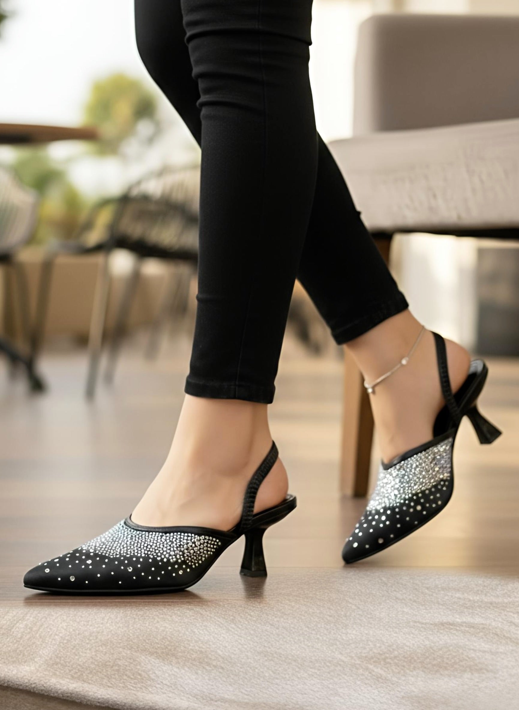 Diamante Embellished Slingback Pumps - Black