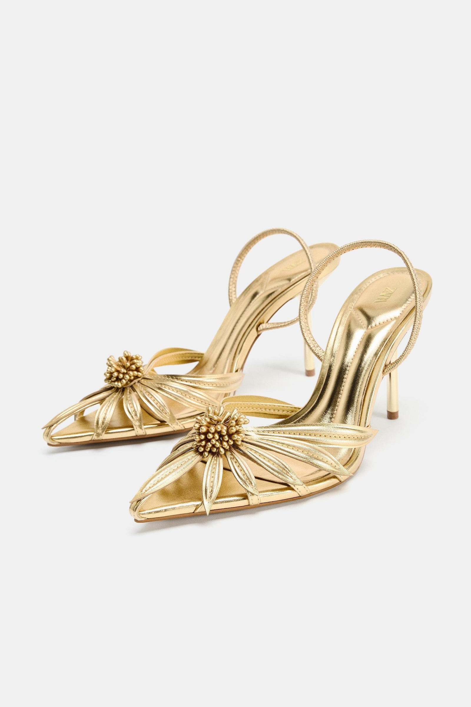 LAMINATED HIGH-HEEL SANDALS WITH FLOWER DETAIL