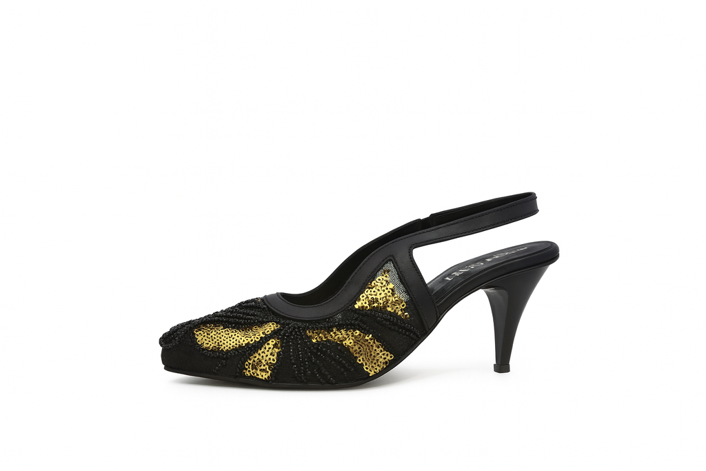Beaded Mesh Slingback Heels - Black