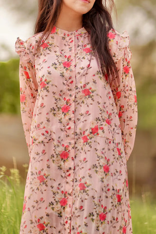 PINK ROSE FLORAL COTTON LONG DRESS