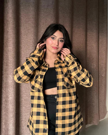 Plaid Button Down Flap Pocket Long sleeve Shacket Yellow
