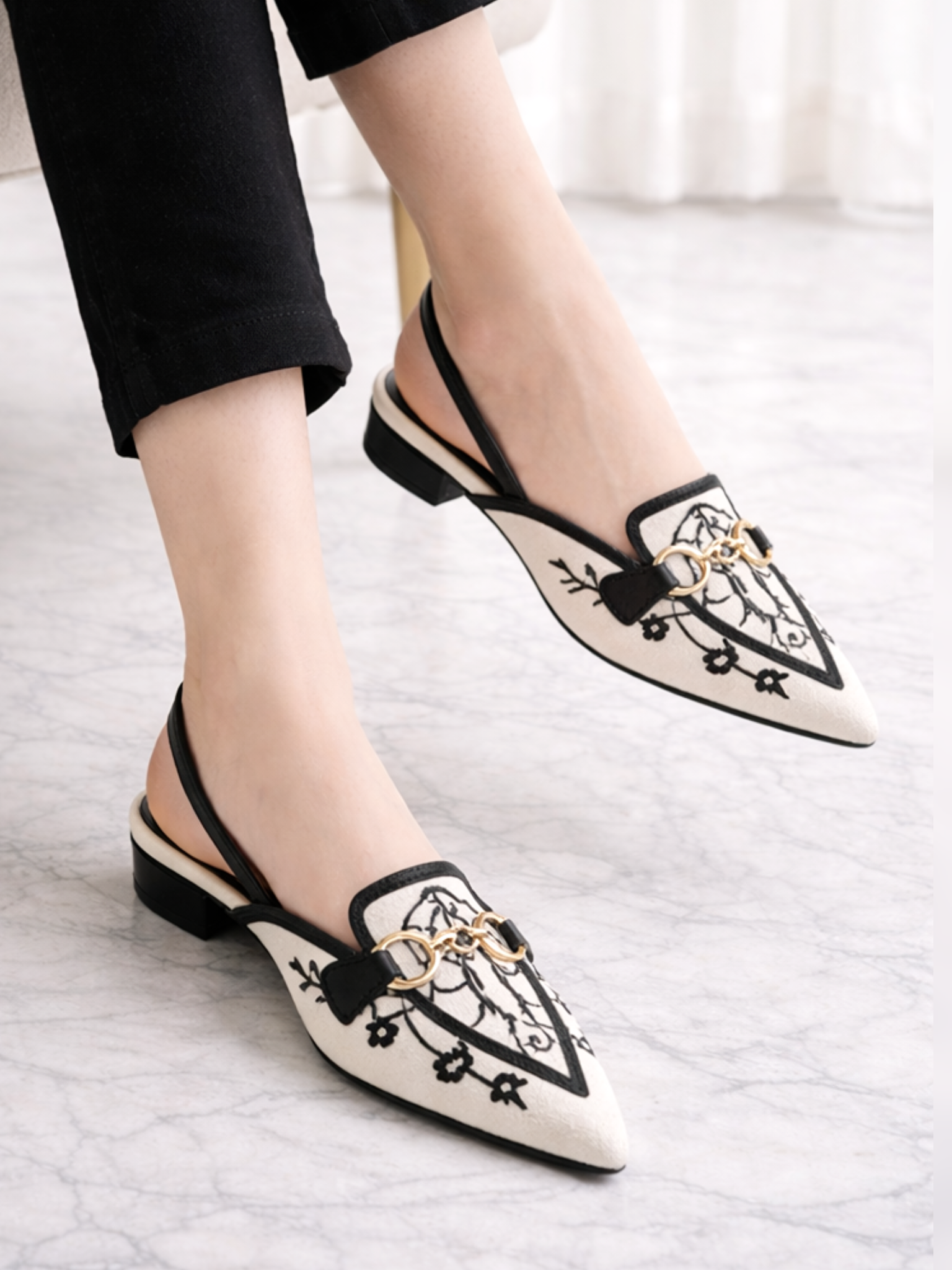 Canvas Floral Embroidered Chain Slingback Black