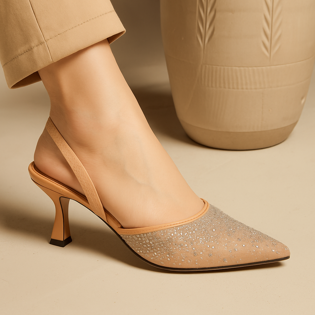 Diamante Embellished Slingback Pumps - Beige