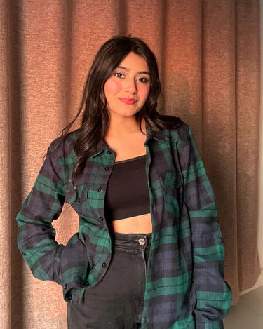 Plaid Button Down Flap Pocket Long sleeve Shacket Green