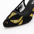 Beaded Mesh Slingback Heels - Black