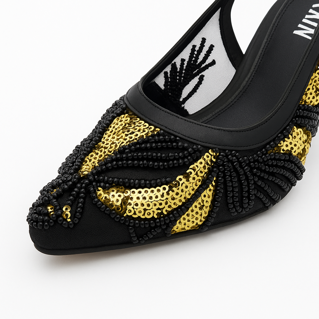 Beaded Mesh Slingback Heels - Black