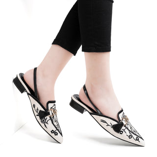 Canvas Floral Embroidered Chain Slingback Black