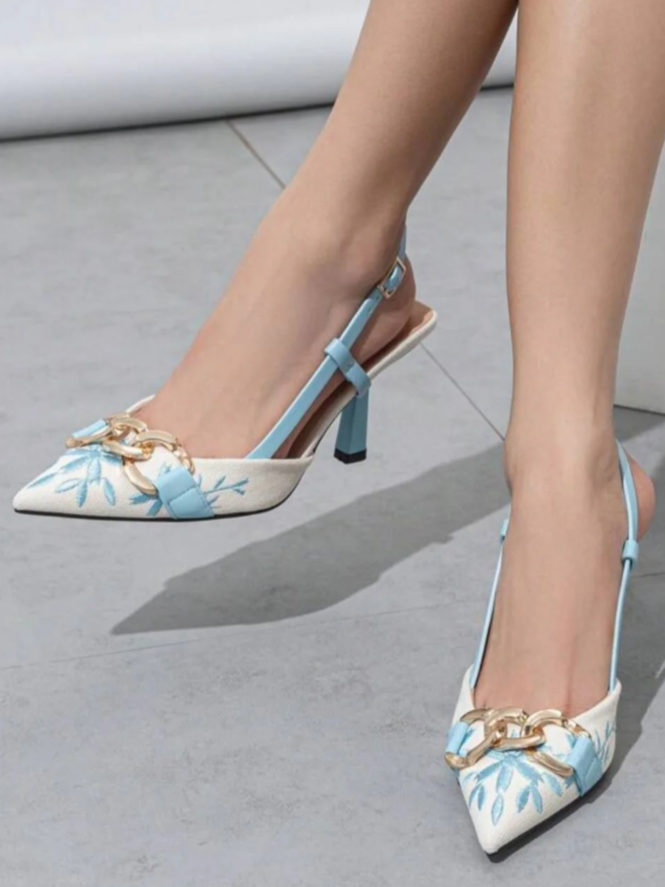 Floral Embroidered Chain Slingback - Blue