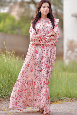 PINK ROSE FLORAL COTTON LONG DRESS