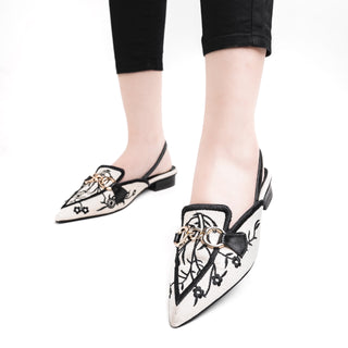 Canvas Floral Embroidered Chain Slingback Black