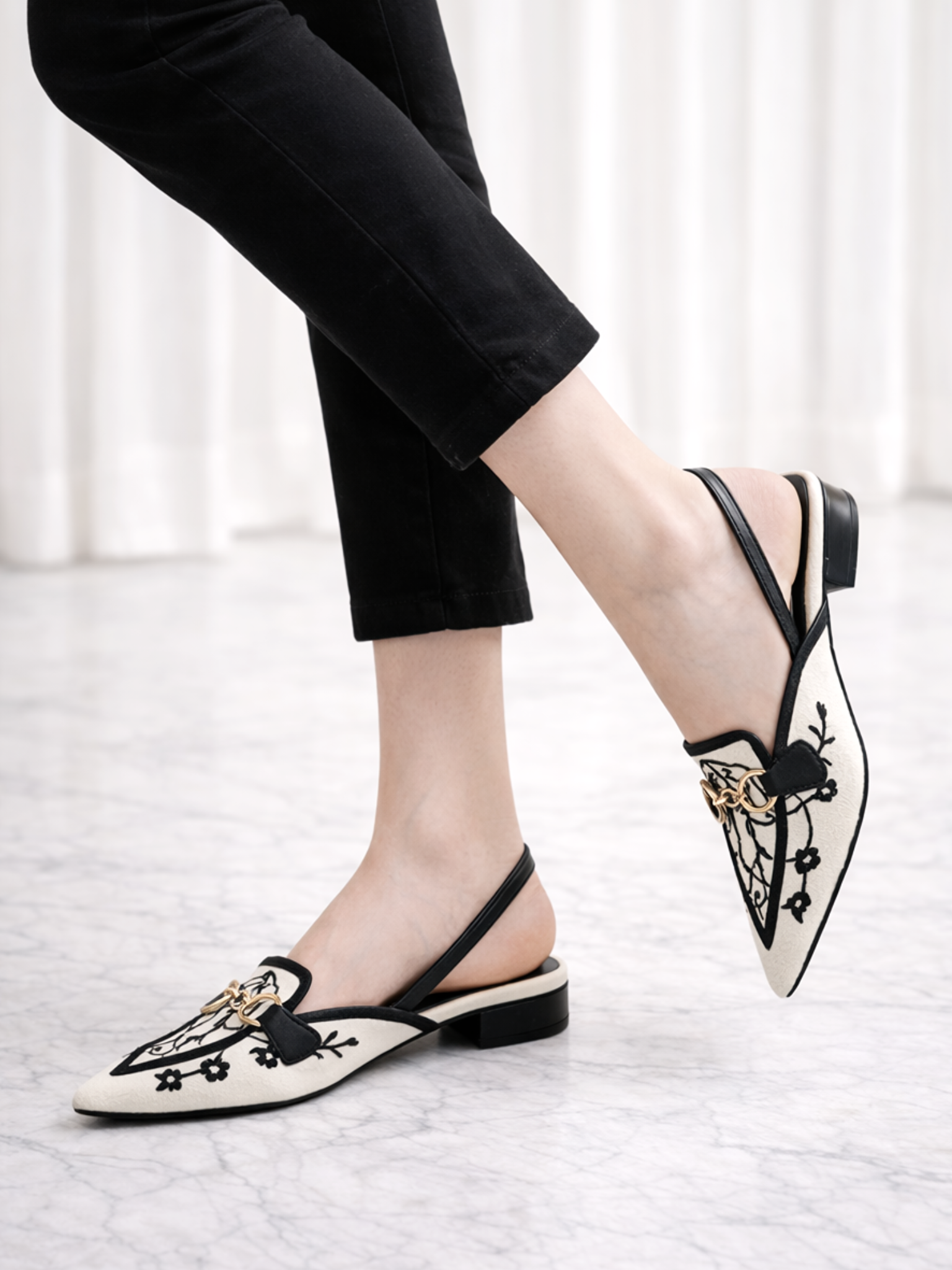 Canvas Floral Embroidered Chain Slingback Black