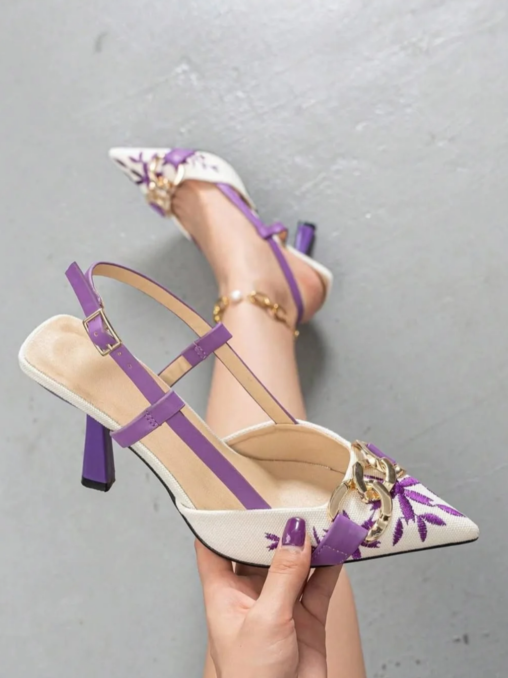 Floral Embroidered Chain Slingback Purple