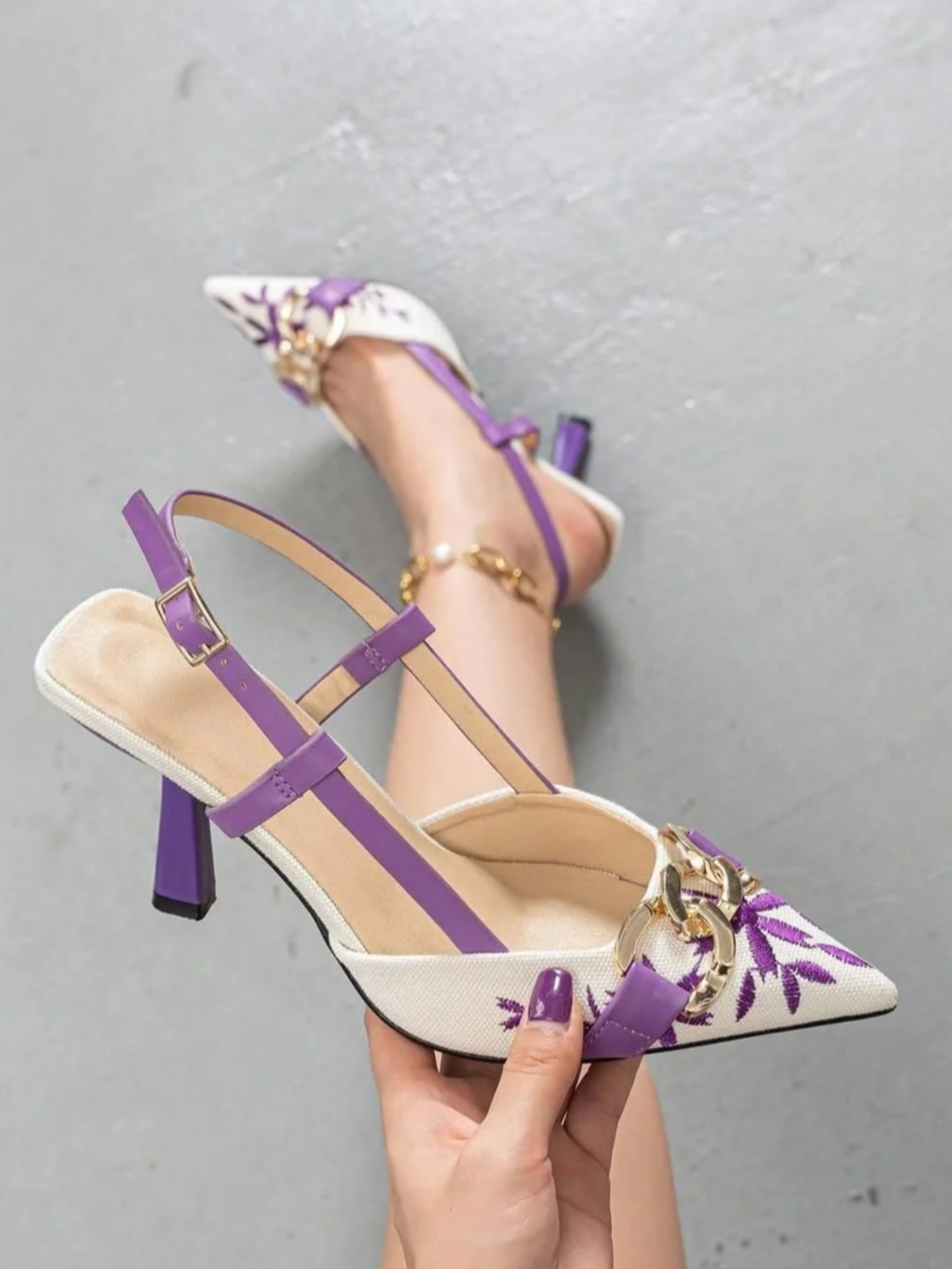 Floral Embroidered Chain Slingback Purple