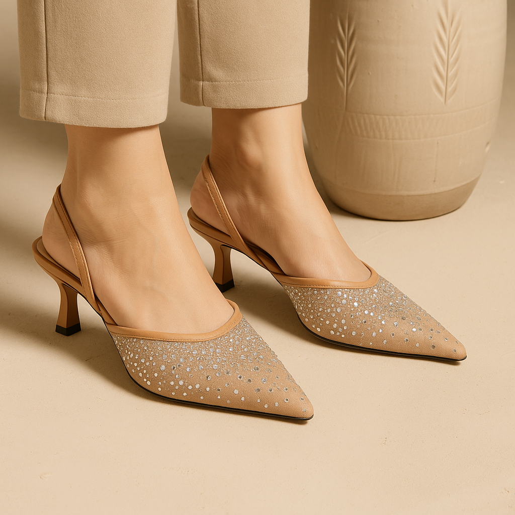 Diamante Embellished Slingback Pumps - Beige