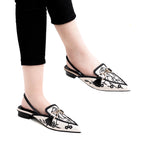 Canvas Floral Embroidered Chain Slingback Black