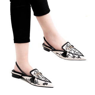 Canvas Floral Embroidered Chain Slingback Black