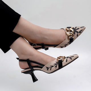 Floral Embroidered Chain Slingback