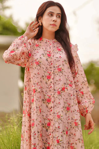 PINK ROSE FLORAL COTTON LONG DRESS