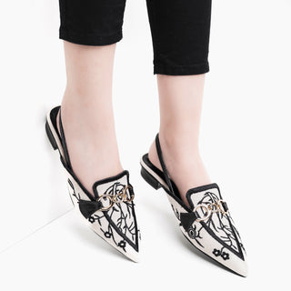 Canvas Floral Embroidered Chain Slingback Black