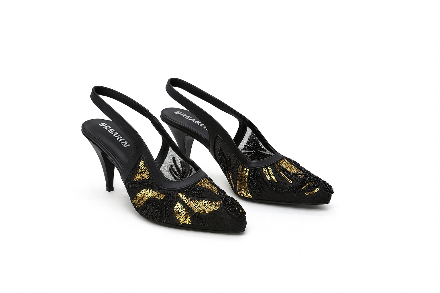 Beaded Mesh Slingback Heels - Black