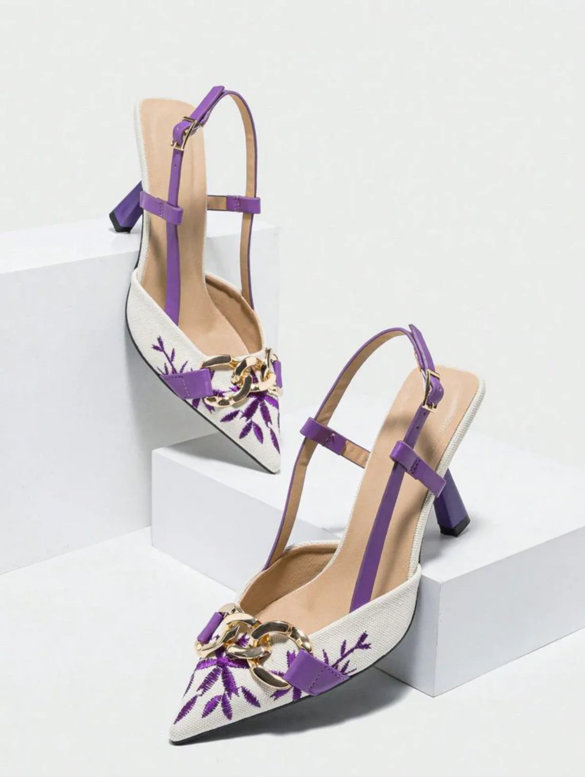 Floral Embroidered Chain Slingback