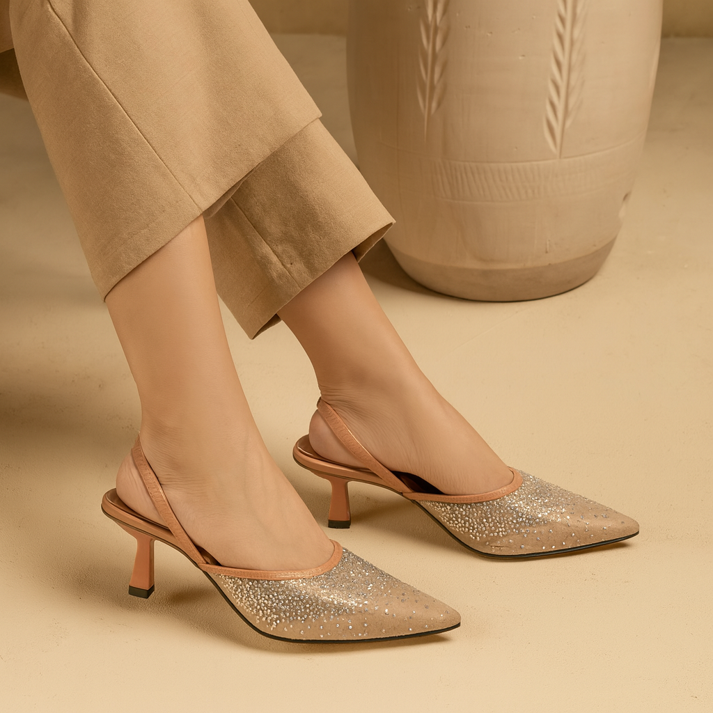 Diamante Embellished Slingback Pumps - Beige