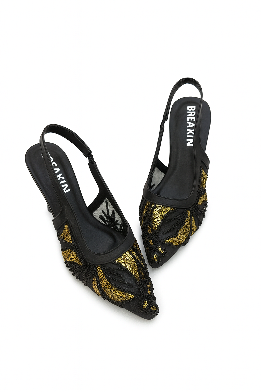 Beaded Mesh Slingback Heels - Black