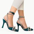 Embellished Double Bow Crystal Green heel