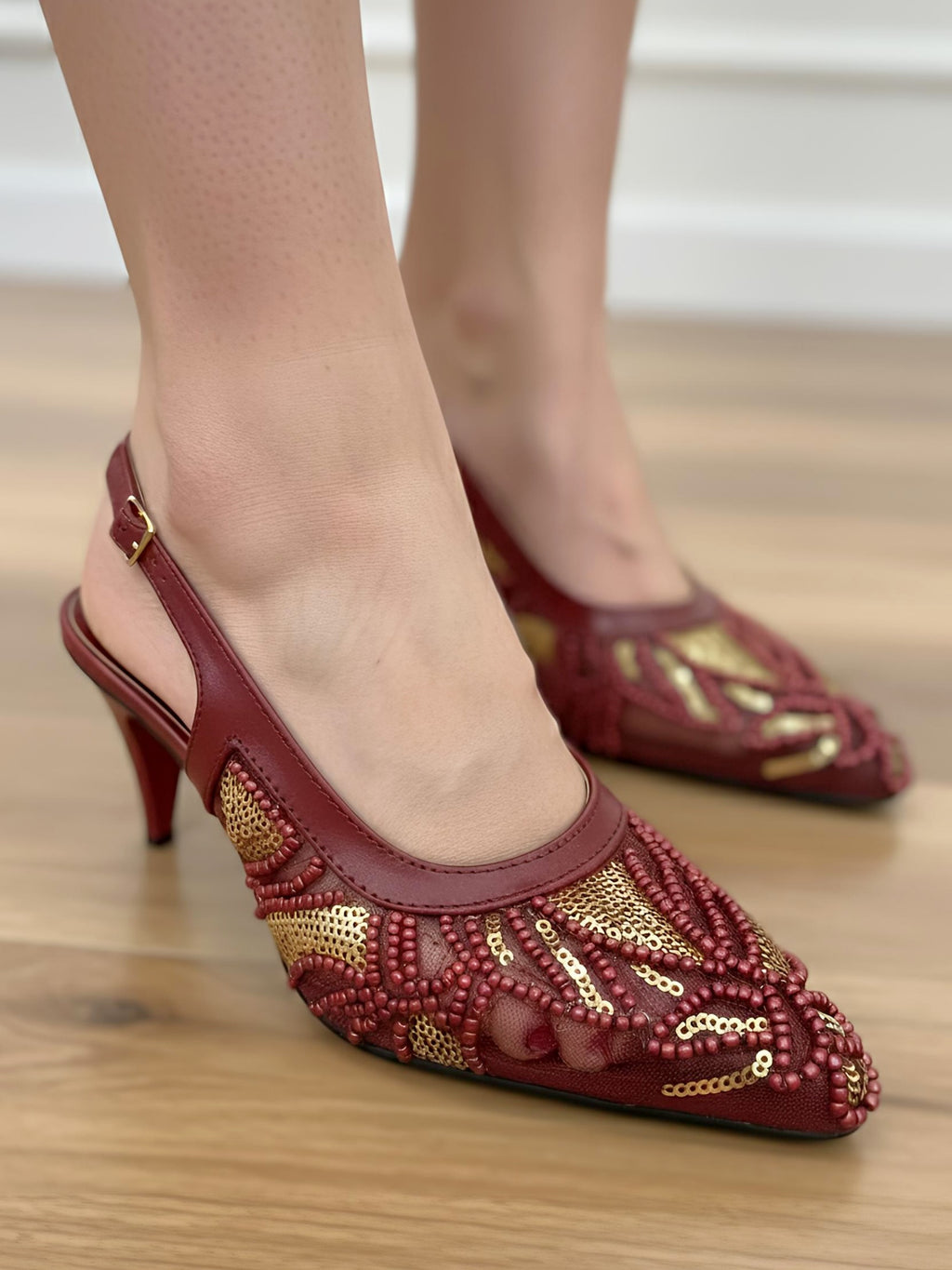 Beaded Mesh Slingback Heels - Maroon