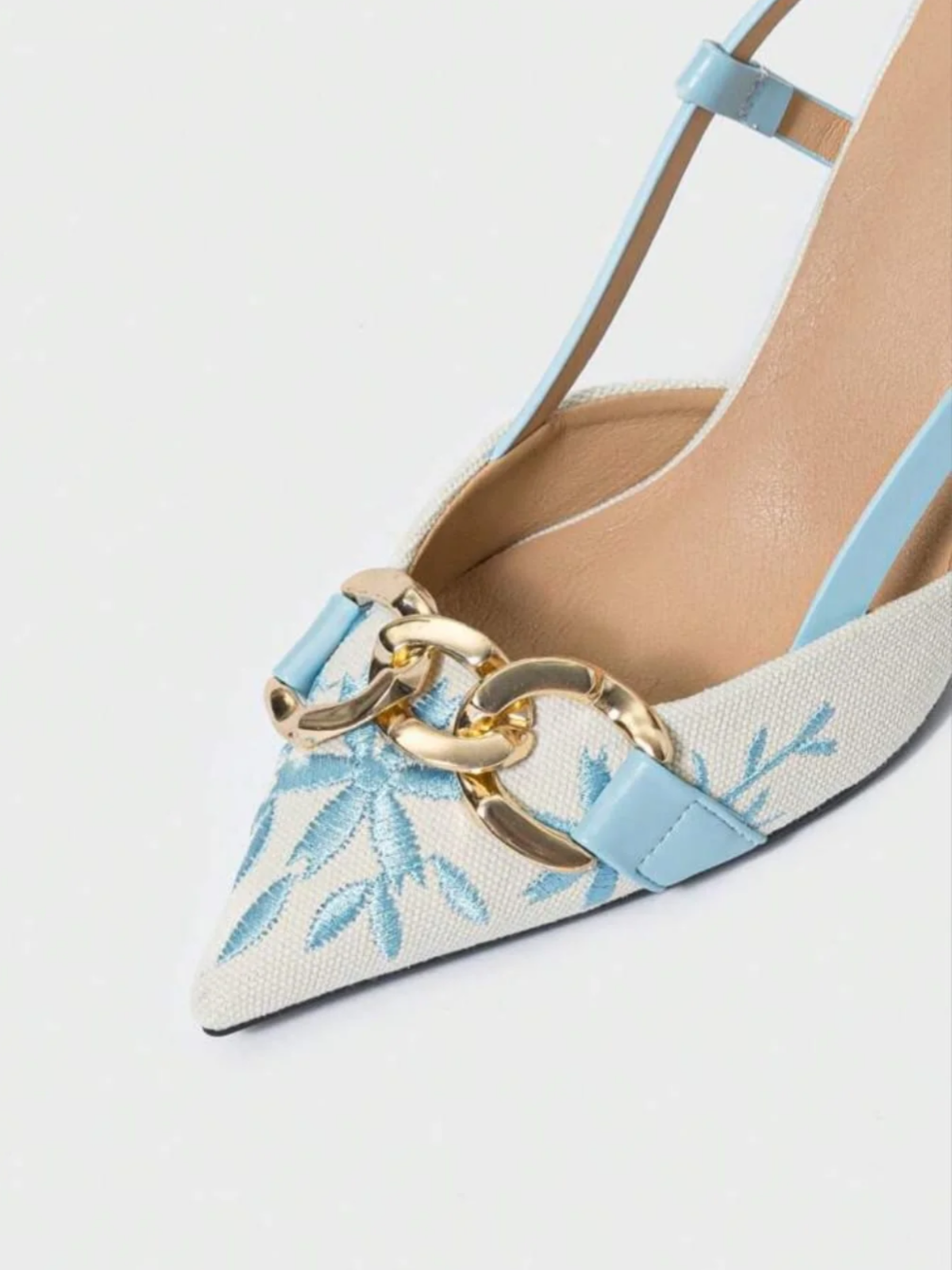 Floral Embroidered Chain Slingback - Blue
