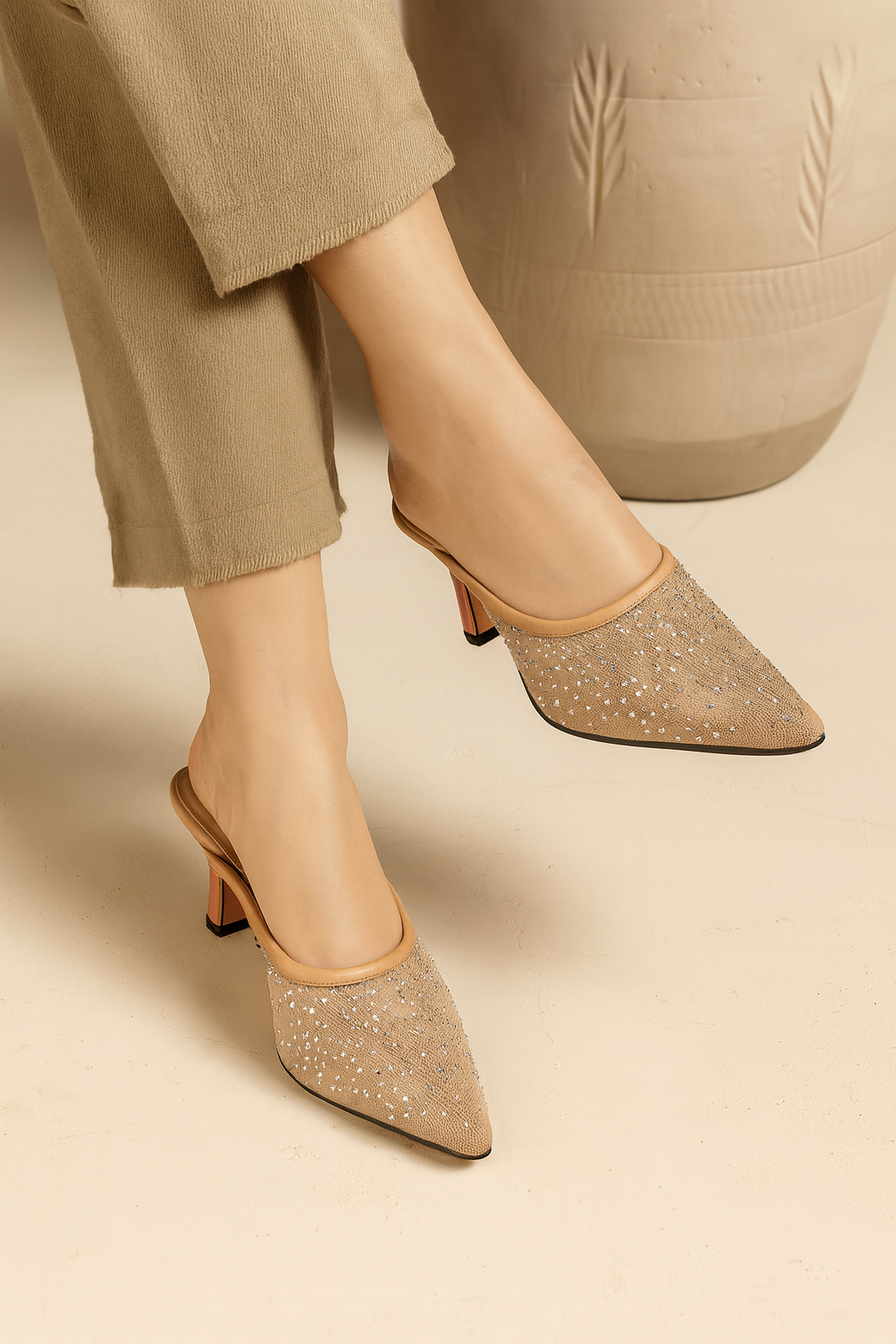 Diamante Embellished Slingback Pumps - Beige