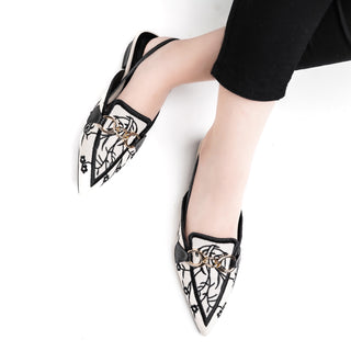 Canvas Floral Embroidered Chain Slingback Black