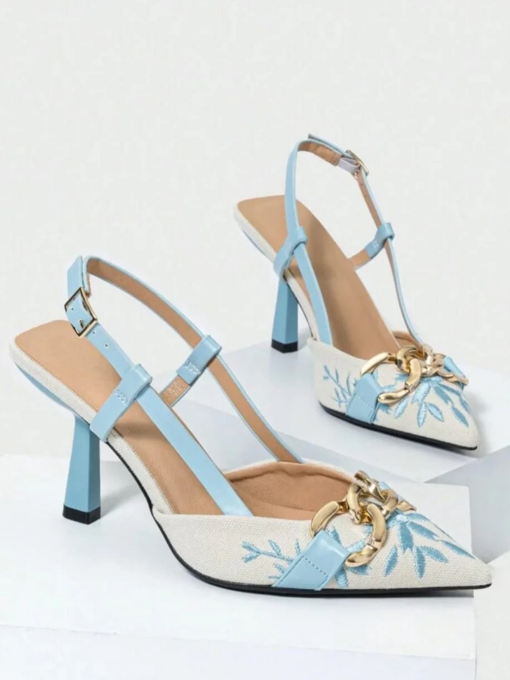 Floral Embroidered Chain Slingback - Blue