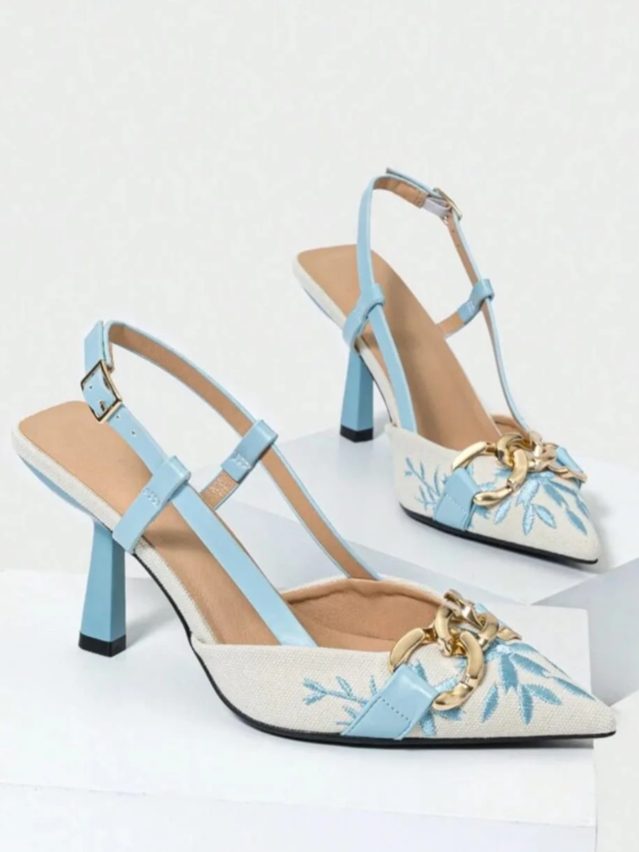 Floral Embroidered Chain Slingback - Blue
