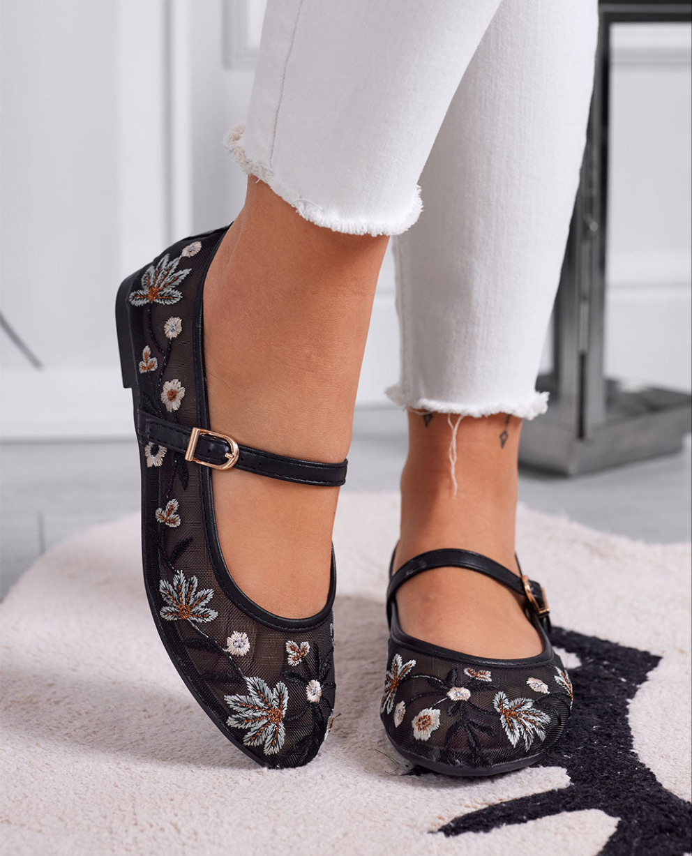 Ballerinas with Decorative Flowers - Black