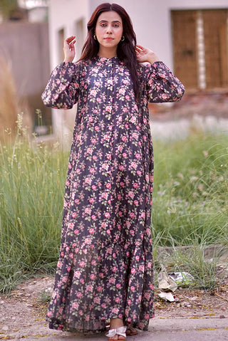 ASHLYN BLACK FLORAL COTTON LONG DRESS