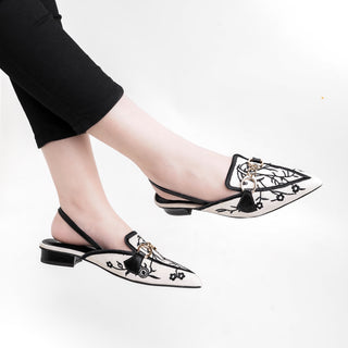 Canvas Floral Embroidered Chain Slingback Black