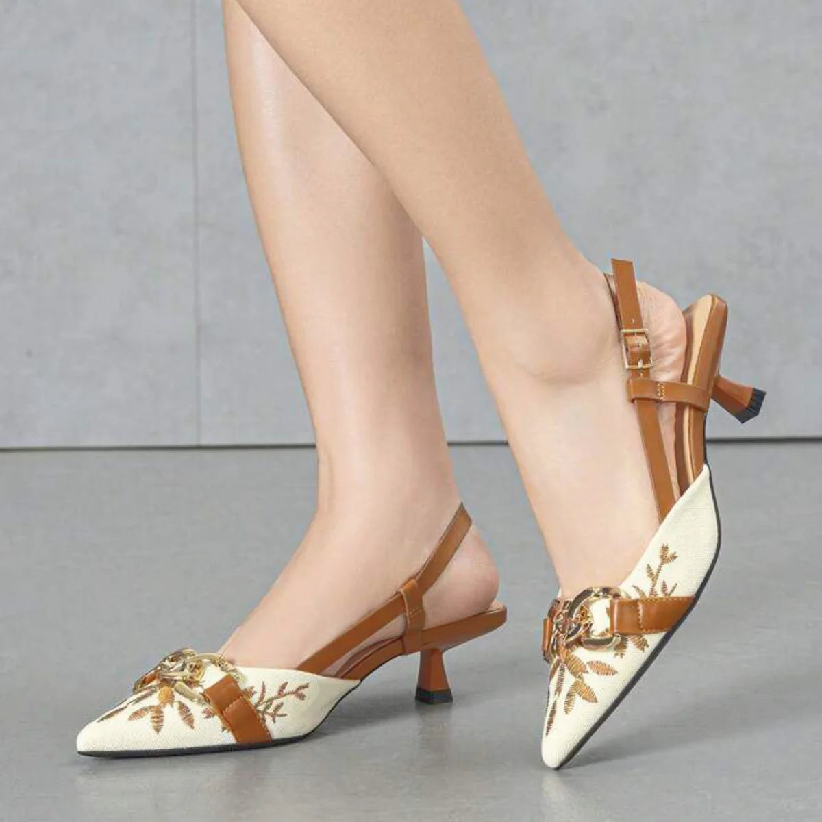 Floral Embroidered Chain Slingback