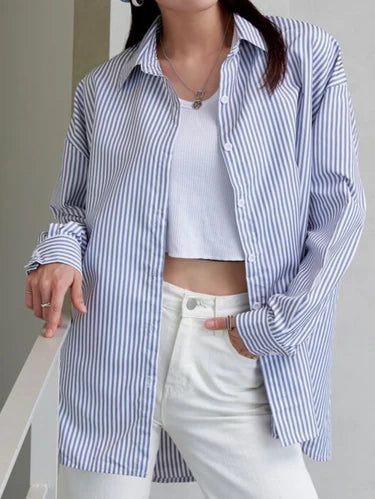 Button Up Blue White Striped Oversized Shirt