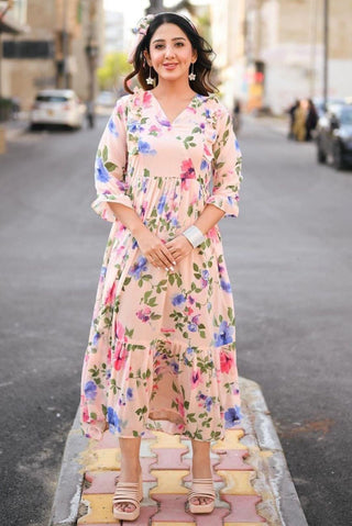 PASTEL PEACH FLORAL MAXI - CHIFFON DRESS ( INNER ATTACHED )