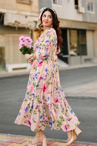 PASTEL PEACH FLORAL MAXI - CHIFFON DRESS ( INNER ATTACHED )