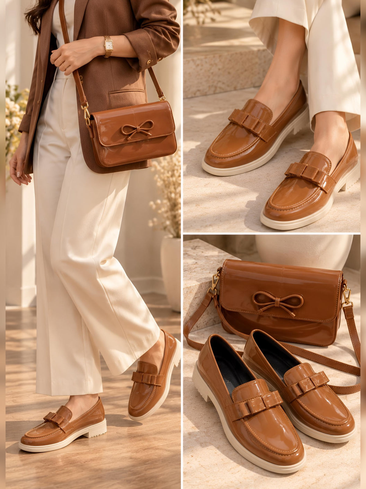 Denvia Caramel Bow Loafers & Crossbody Bag - Combo