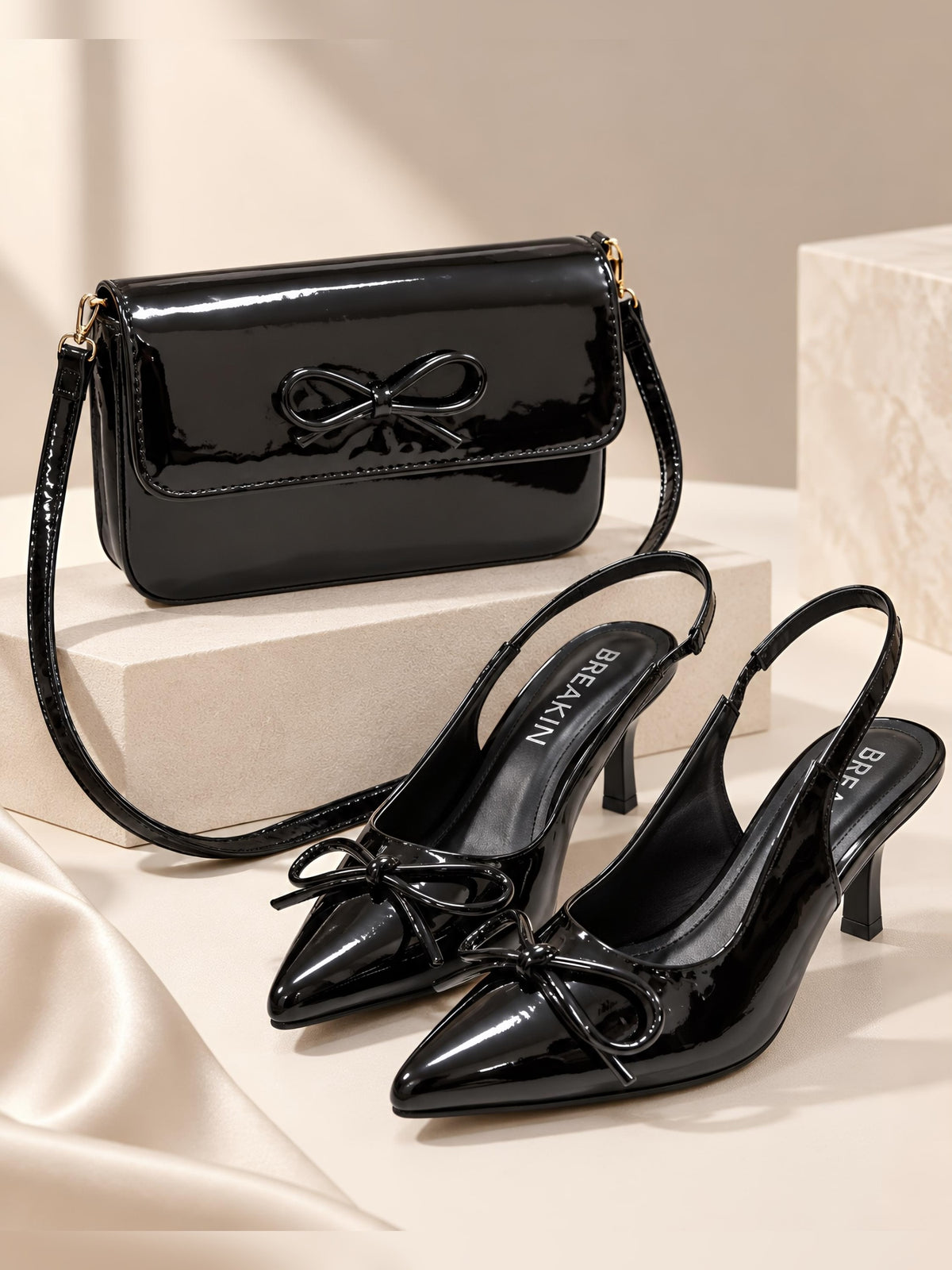 Hazel Black Bow Heels & Crossbody Bag - Combo