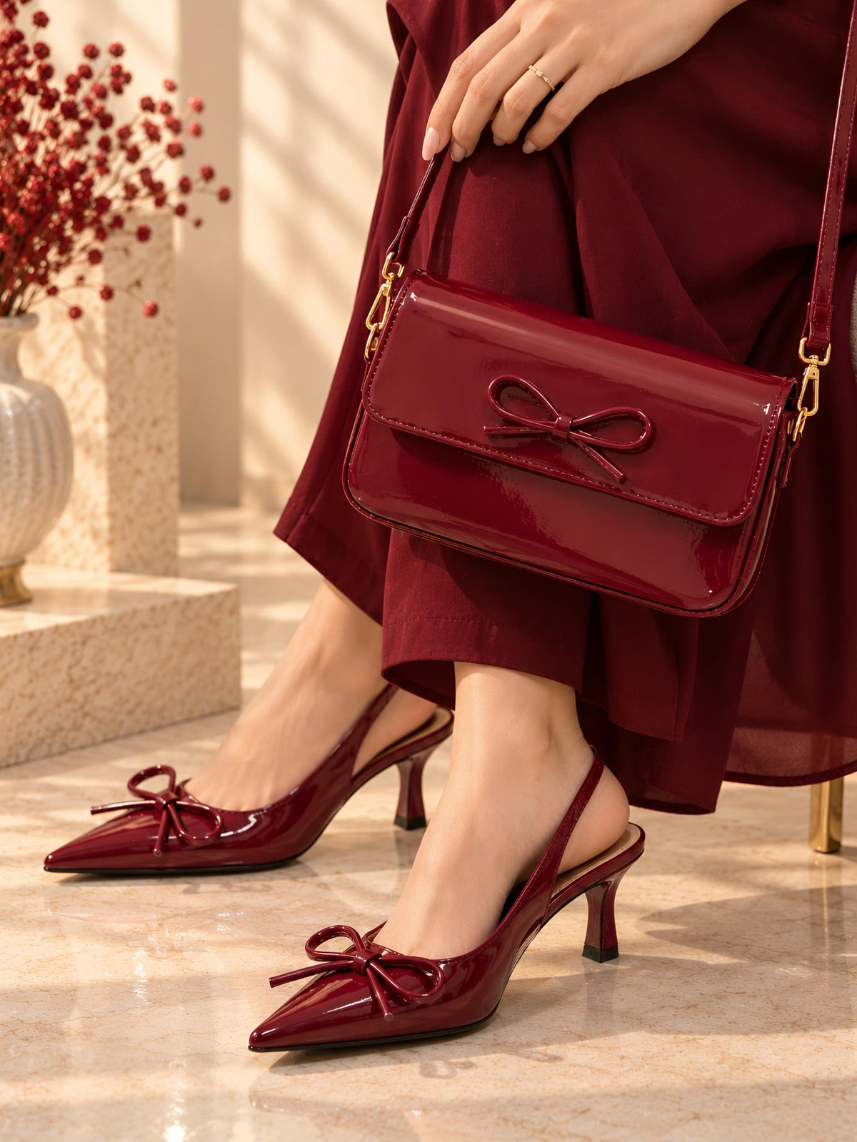 Hazel Burgundy Bow Heels & Crossbody Bag - Combo