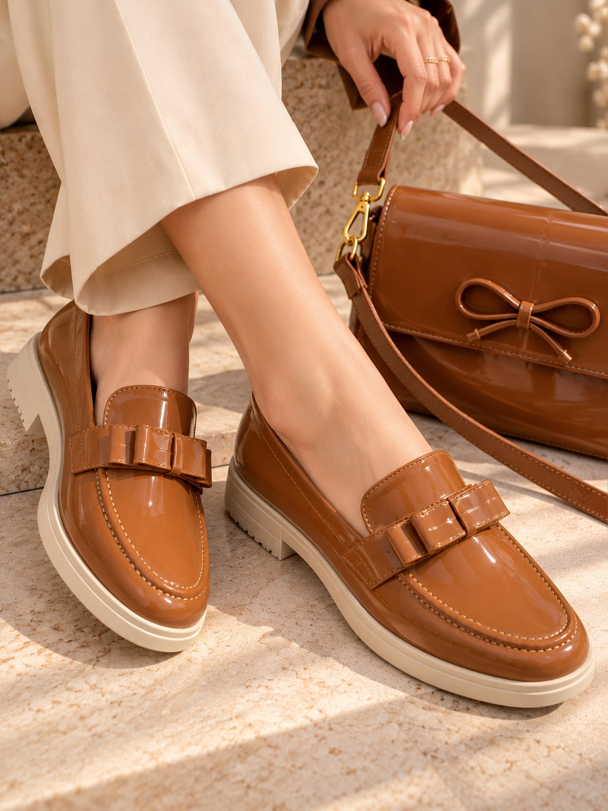 Denvia Caramel Bow Loafers & Crossbody Bag - Combo